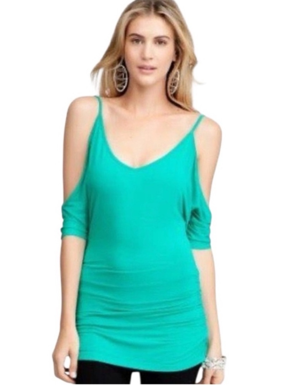 Bebe Teal Green V-Neck Half Sleeve Cold Shoulder Top Size Small